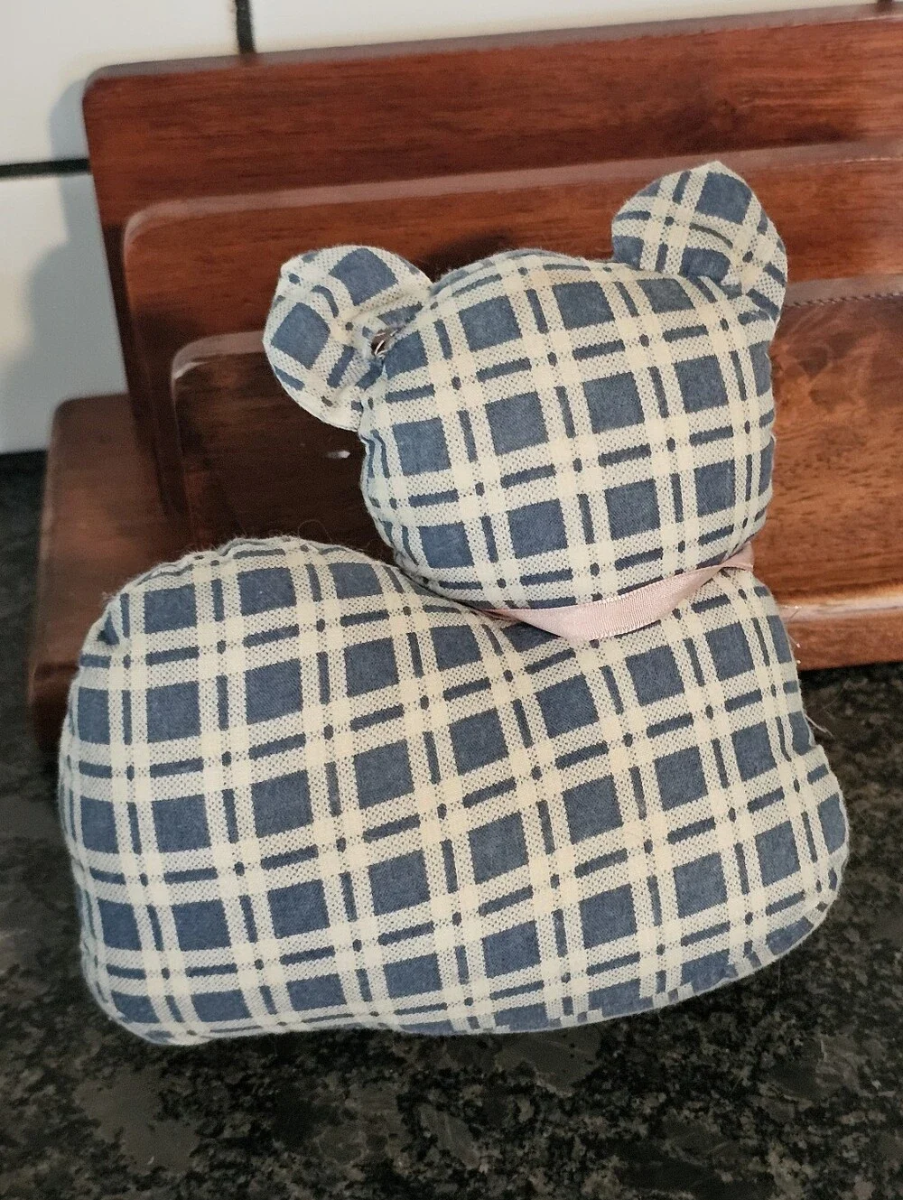 Cottagecore Grandma Cat Gingham Plaid Plush Blue Stuffy Shelf Sitter Corticelli